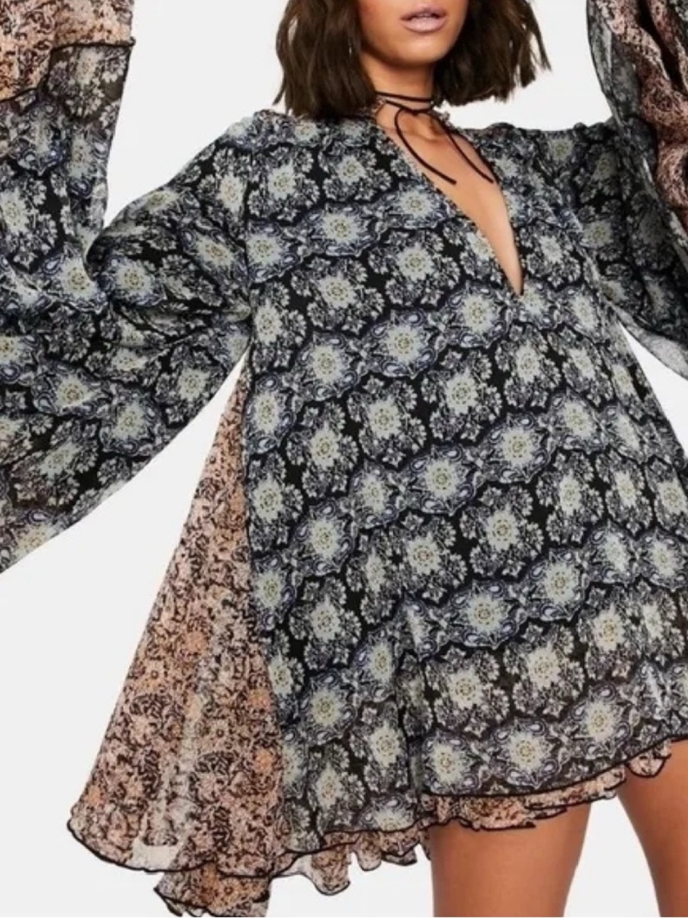 Free People Gabi Tunic Boho Floral Black & Beige Navy Mini Dress Medium